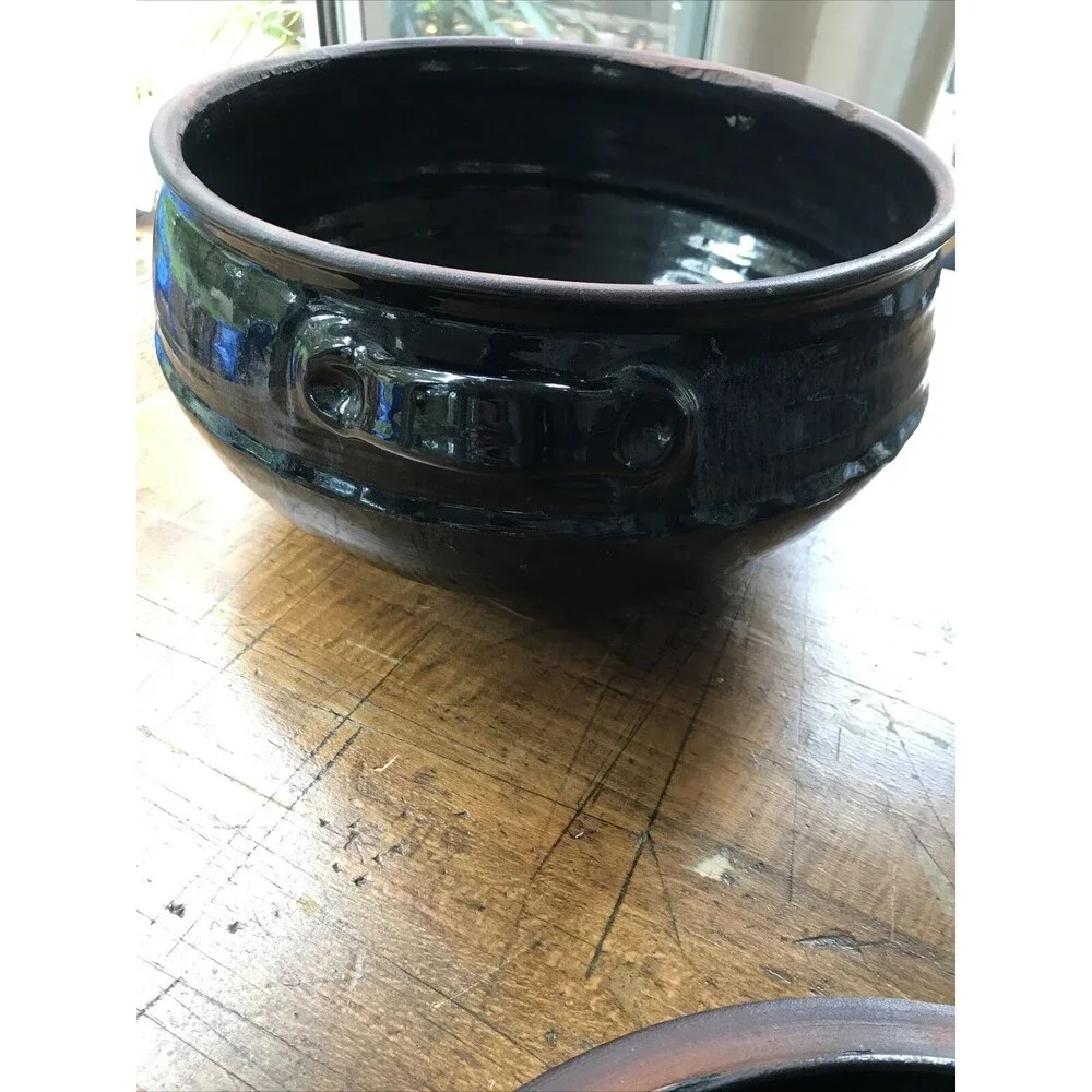 Large Pottery Stoneware Blue Glaze Unsigned With Lid & Handles Cottagecore